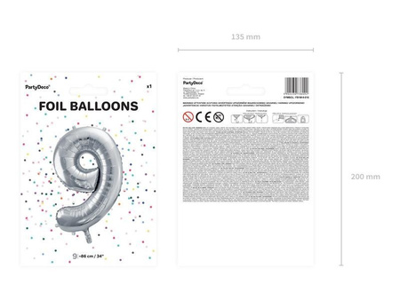 Balon foliowy Cyfra 9 srebrna, 86cm