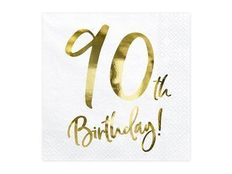 Serwetki '90th Birthday' na 90 urodziny, białe, 33x33cm (1 op. / 20 szt.)