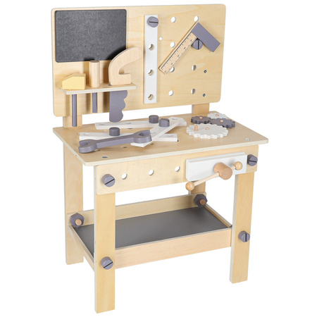 Warsztat z narzędziami drewniany na stoliku zestaw majsterkowicza