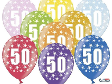 Balony lateksowe z Cyfrą '50', 30cm, Metaliczne, mix różne kolory (1 op. / 6 szt.)