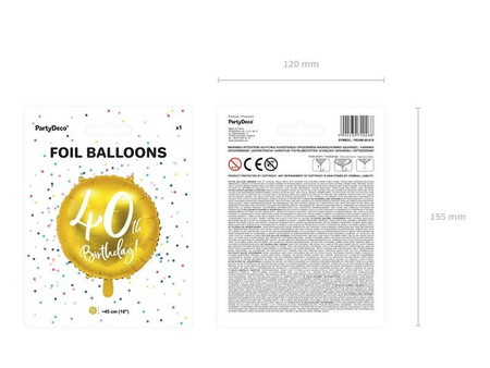 Balon foliowy 40th Birthday, złoty, średnica 45cm
