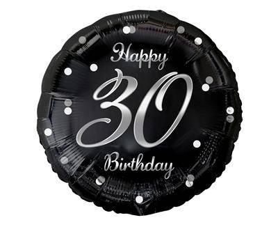 Balon foliowy Happy 30 Birthday, czarny srebrny nadruk, 46 cm