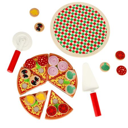 Pizza drewniany zestaw do zabawy na rzep  akcesoria łopatka nóż talerz nauka krojenia 20cm