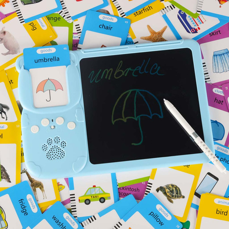 Nauka języka angielskiego czytnik kart do nauki słówek fiszki znikopis niebieski