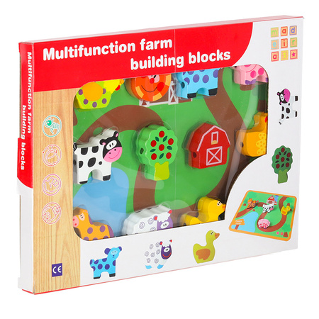 Klocki drewniane do nawlekania tablica plansza farma zwierzęta