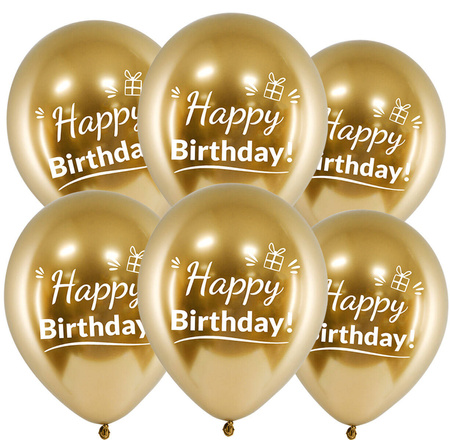Balony urodzinowe złote Chrom Happy Birthday, 30cm, 50 szt.