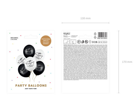 Balony urodzinowe, Happy Birthday czarno białe 30cm, 6 szt.