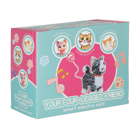 Kotek interaktywny na smyczy miauczy chodzi rusza ogonem szary