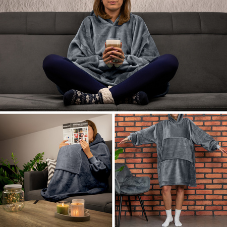Bluzair Bluza Koc z Kapturem XXL Ciepła Szary 4w1