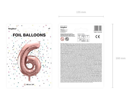 Balon foliowy Cyfra '6', 86cm, różowe złoto