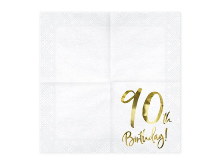 Serwetki '90th Birthday' na 90 urodziny, białe, 33x33cm (1 op. / 20 szt.)