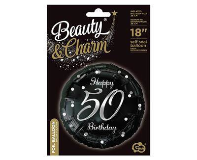 Balon foliowy Happy 50 Birthday, czarny srebrny nadruk, 46 cm