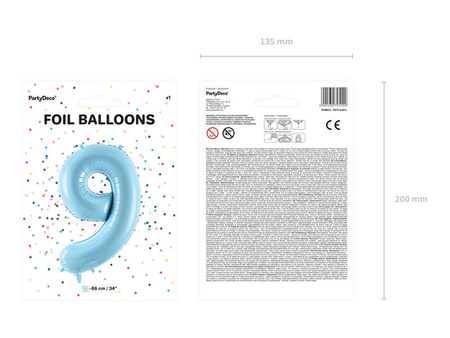 Balon foliowy Cyfra 9, 86cm, jasny niebieski