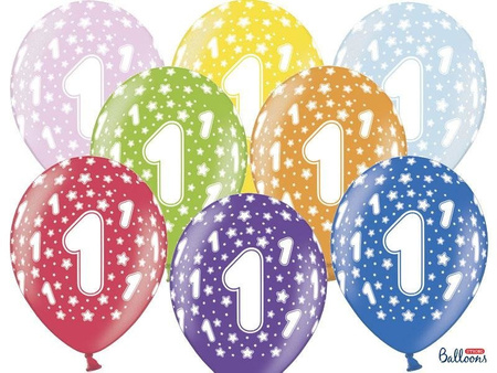 Balony lateksowe z nadrukiem '1' na roczek, Metaliczne Mix, 6 szt.