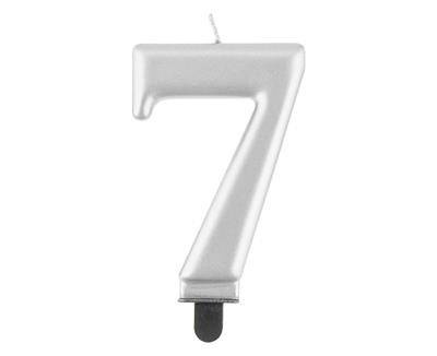 Świeczka cyferka 7, metalik srebrna 8 cm