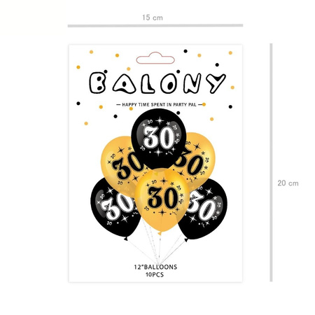 Zestaw balonów na 30 urodziny, czarno-złote, 30 cm, 10szt.