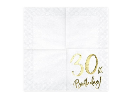 Serwetki '30th Birthday' na 30 urodziny, białe, 33x33cm (1 op. / 20 szt.)