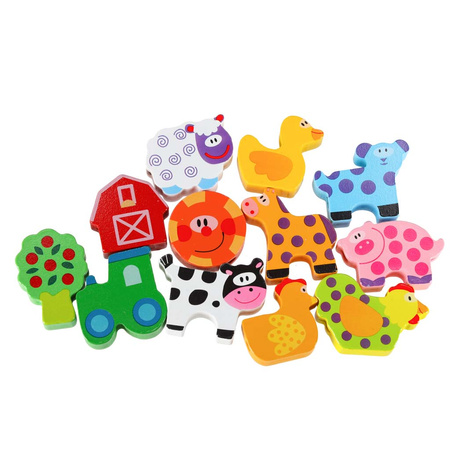 Klocki drewniane do nawlekania tablica plansza farma zwierzęta
