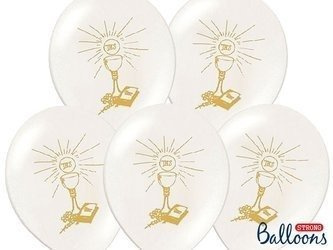 Balony lateksowe IHS I Komunia Święta, Białe Pastelowe, 27cm (1 op. / 6 szt.)