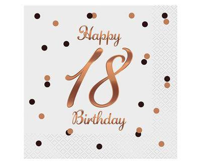 Serwetki urodzinowe Happy 18 Birthday białe, rose gold 33cm, 20 szt.