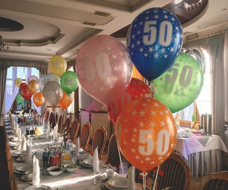 Balony lateksowe z Cyfrą '50', 30cm, Metaliczne, mix różne kolory (1 op. / 6 szt.)