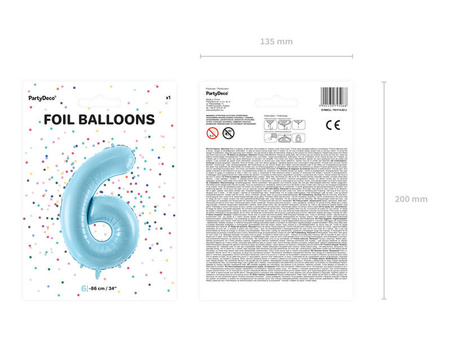 Balon foliowy Cyfra 6, 86cm, jasny niebieski