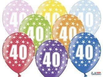 Balony lateksowe z Cyfrą '40', 30cm, Metaliczne, mix różne kolory (1 op. / 6 szt.)